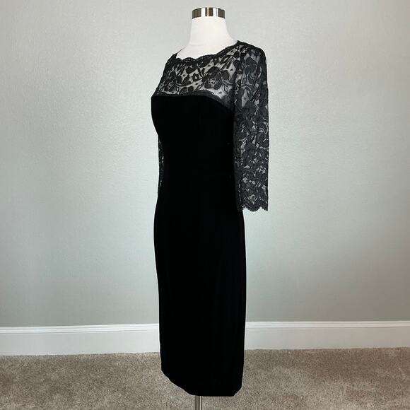 Eliza J Velvet and Lace Midi Sheath Cocktail Dress Size 6 Black 3/4 Long Sleeve - Picture 5 of 13